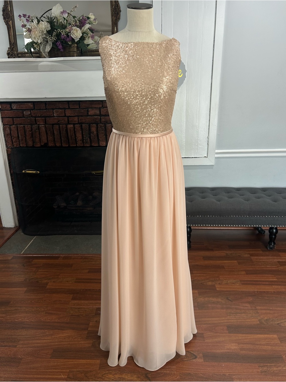NWTChristina Wu Celebrations Sequin Bodice Chiffon Maxi Dress in Rose Gold/Blush